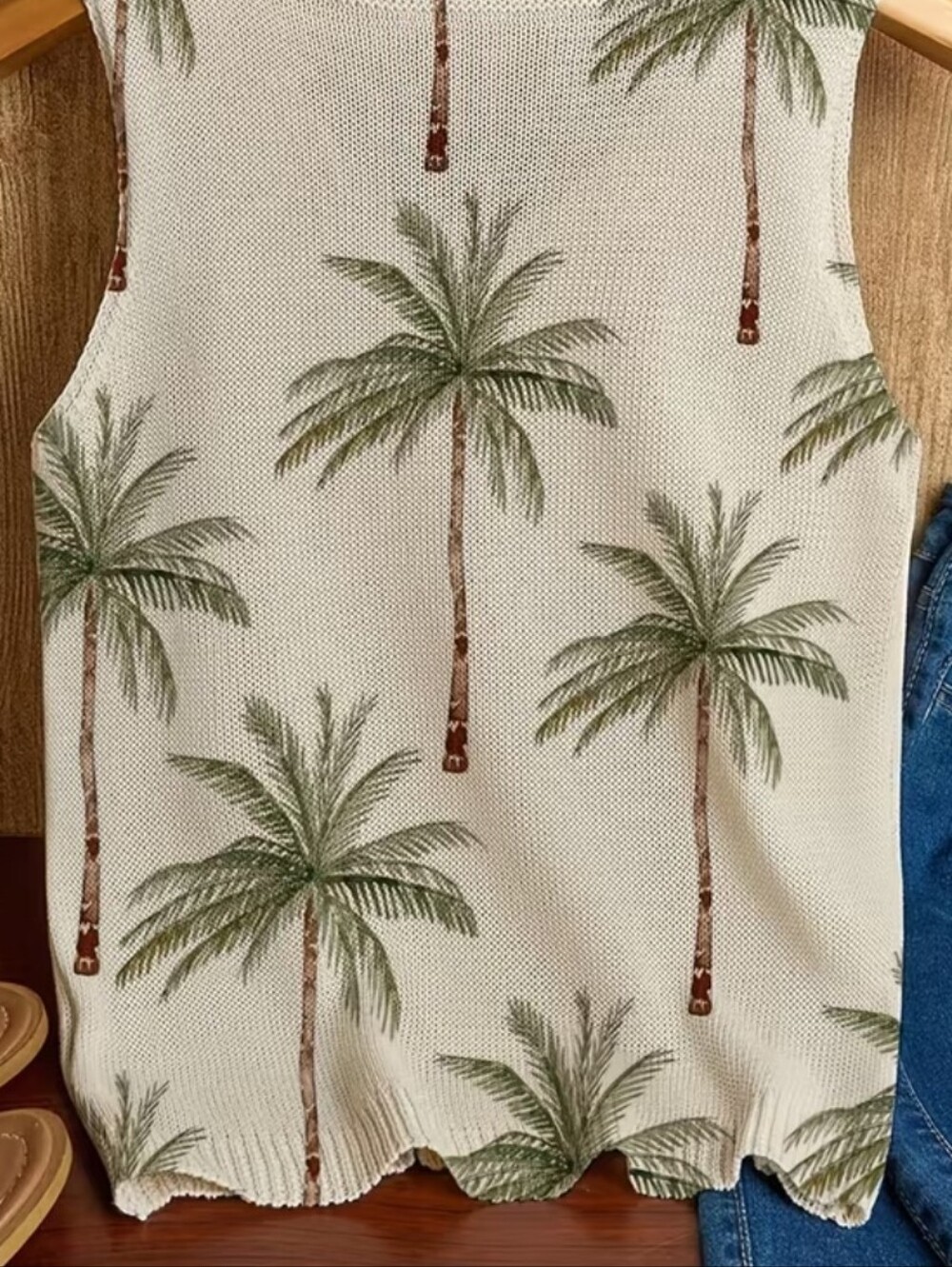 Love This Light Weight Palm-Print Knit Tank Top - Mixed Green on Cream - Picture 2 of 5